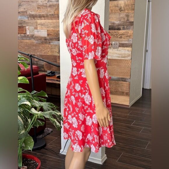 Lulu’s Ximena Coral Red Floral Print Ruffled Short Sleeve Mini Dress sz M EUC - Picture 3 of 16